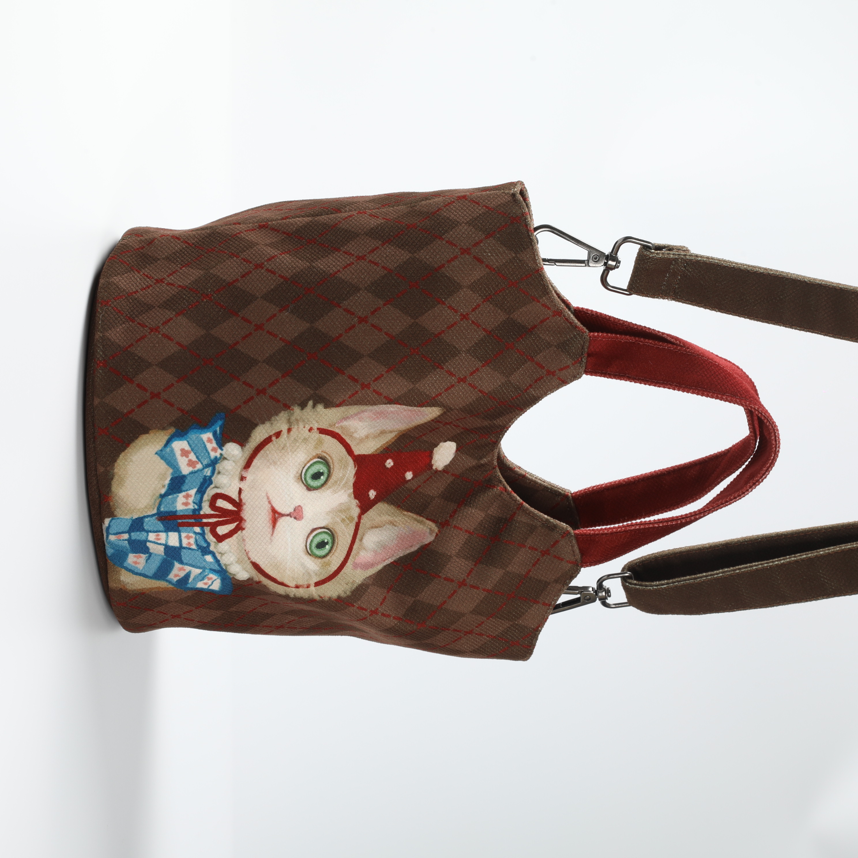 Vintage Brown Plaid Tote Bag with Cat Embroidery