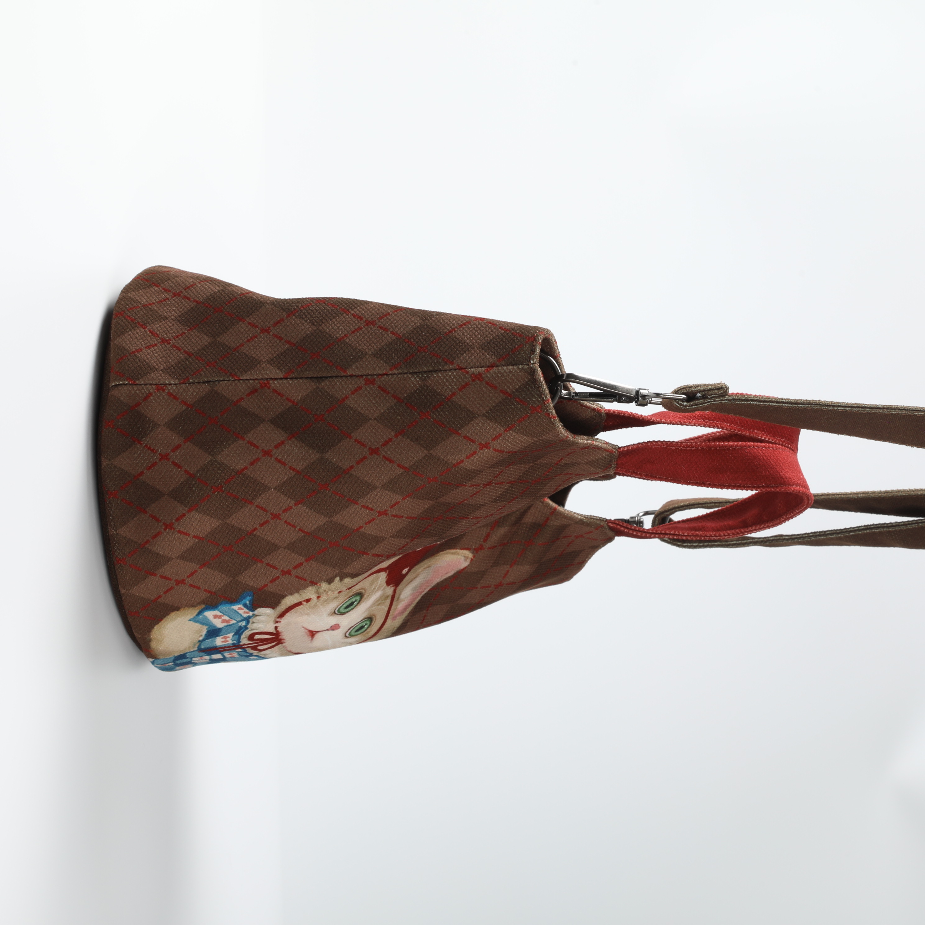 Vintage Brown Plaid Tote Bag with Cat Embroidery