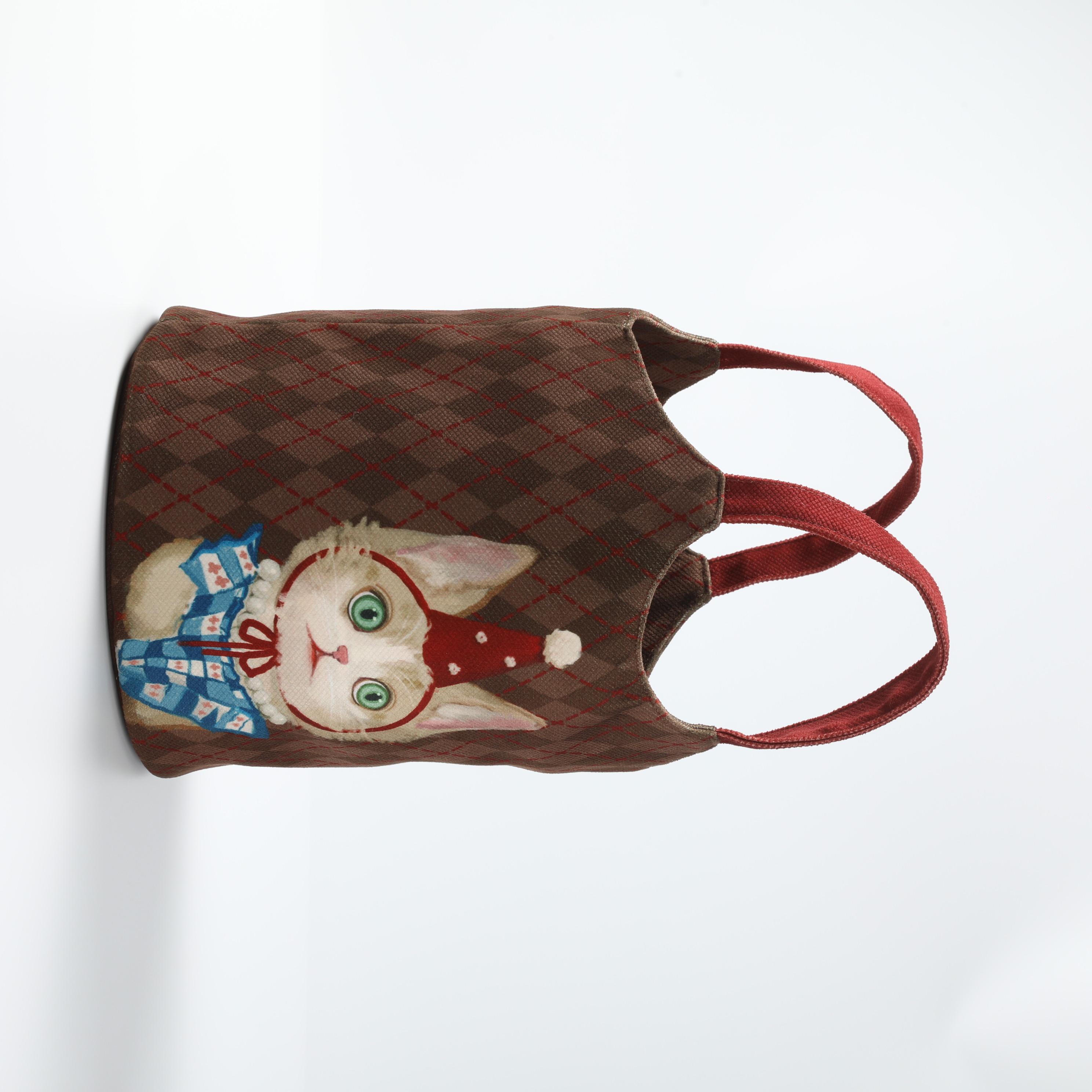 Vintage Brown Plaid Tote Bag with Cat Embroidery