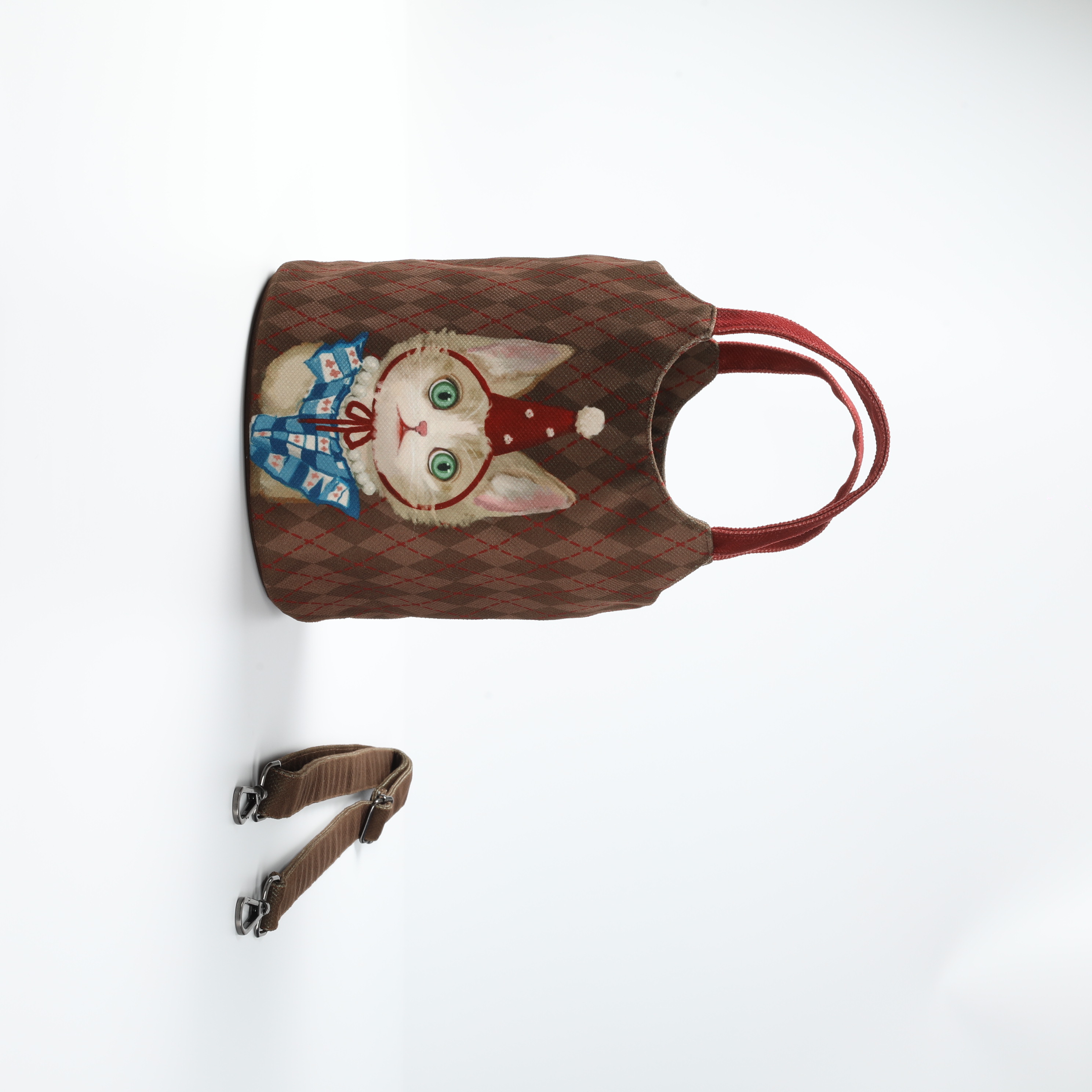 Vintage Brown Plaid Tote Bag with Cat Embroidery