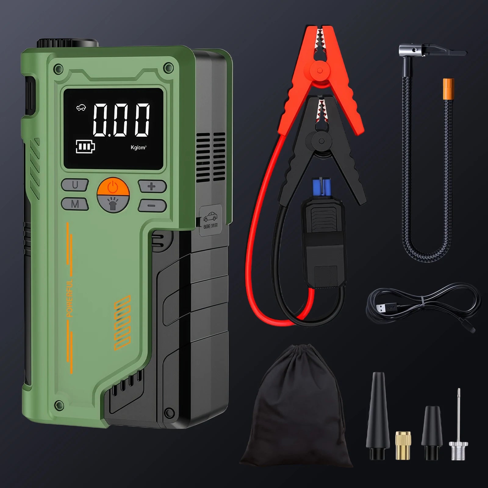 Green jump starter with accessories on a black background
