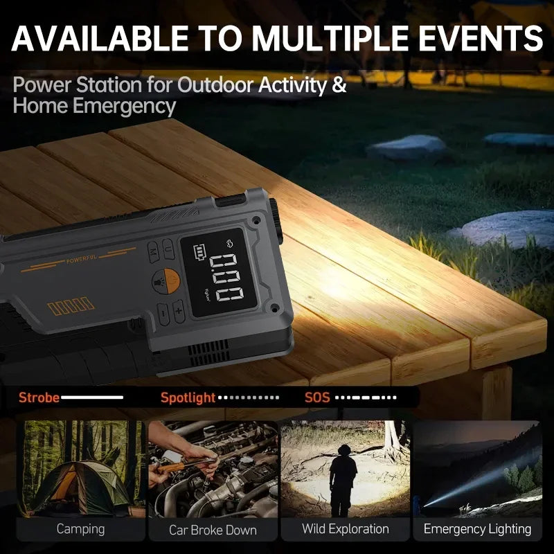 Power station for outdoor activity and home emergency use on a wooden table