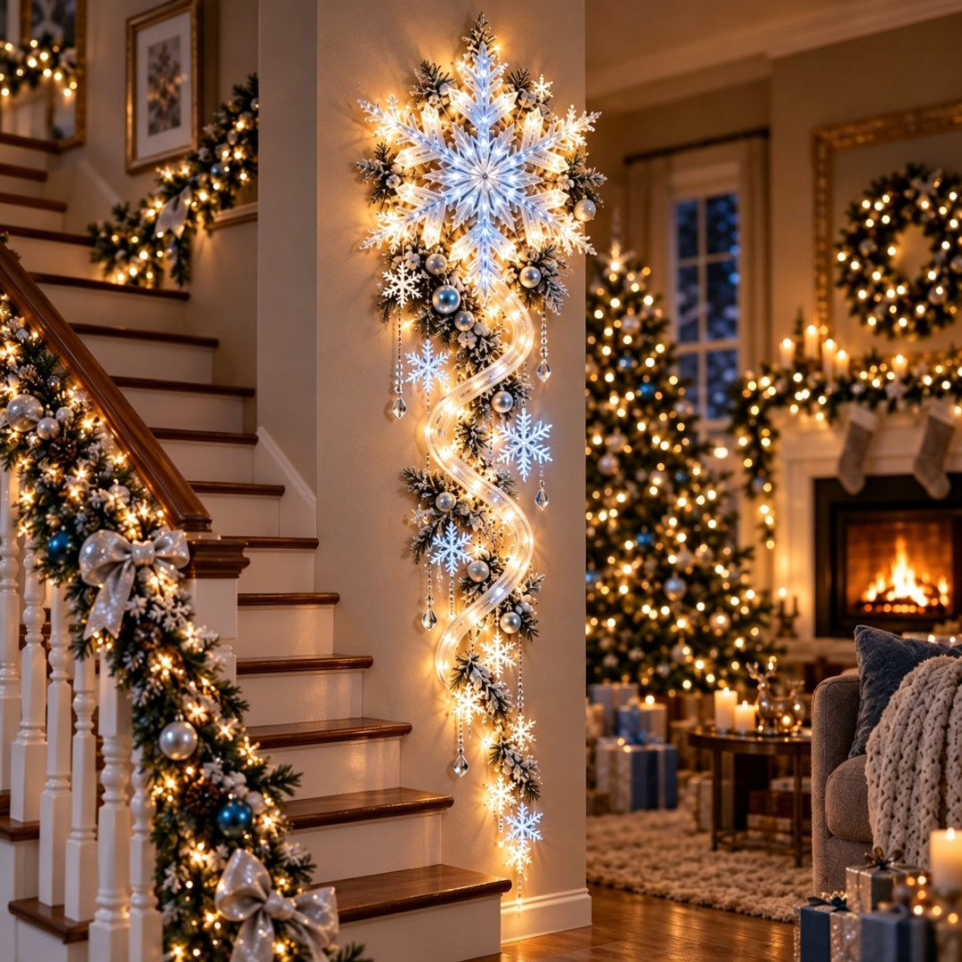 Blizzard Trail Wall Light glowing beside a staircase in an elegant Christmas living room