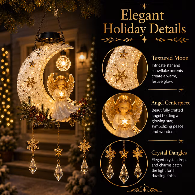 ✨ Angel Moon Christmas Solar Hanging Light – Warm Golden Glow