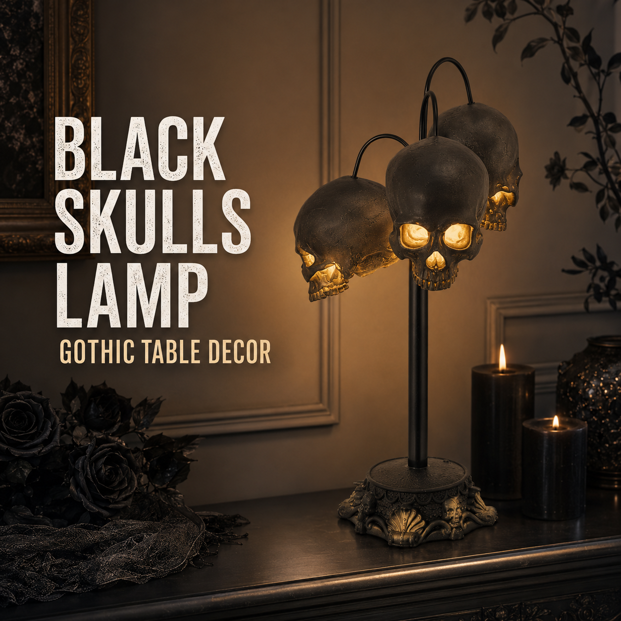 Halloween Black Skulls Lamp, Spooky LED Table Lamp with Stacked Skull Style, Warm White Glow, Battery Powered Design, Black and Gold Base, 6 Hour Timer for Halloween Shelf, Entryway