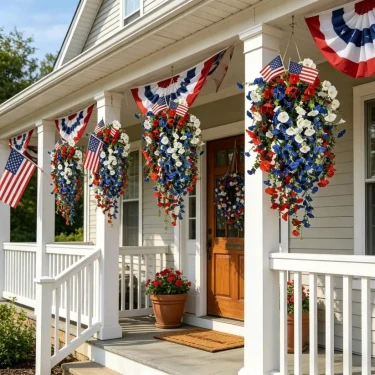 Patriotic Red White Blue Hanging Floral Basket 🇺🇸💐