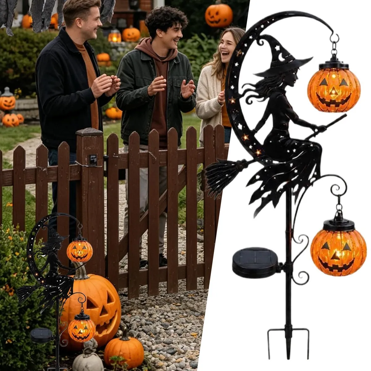🎃 Solar Halloween Garden Stakes – Witch, Pumpkin & Crescent Moon Glow