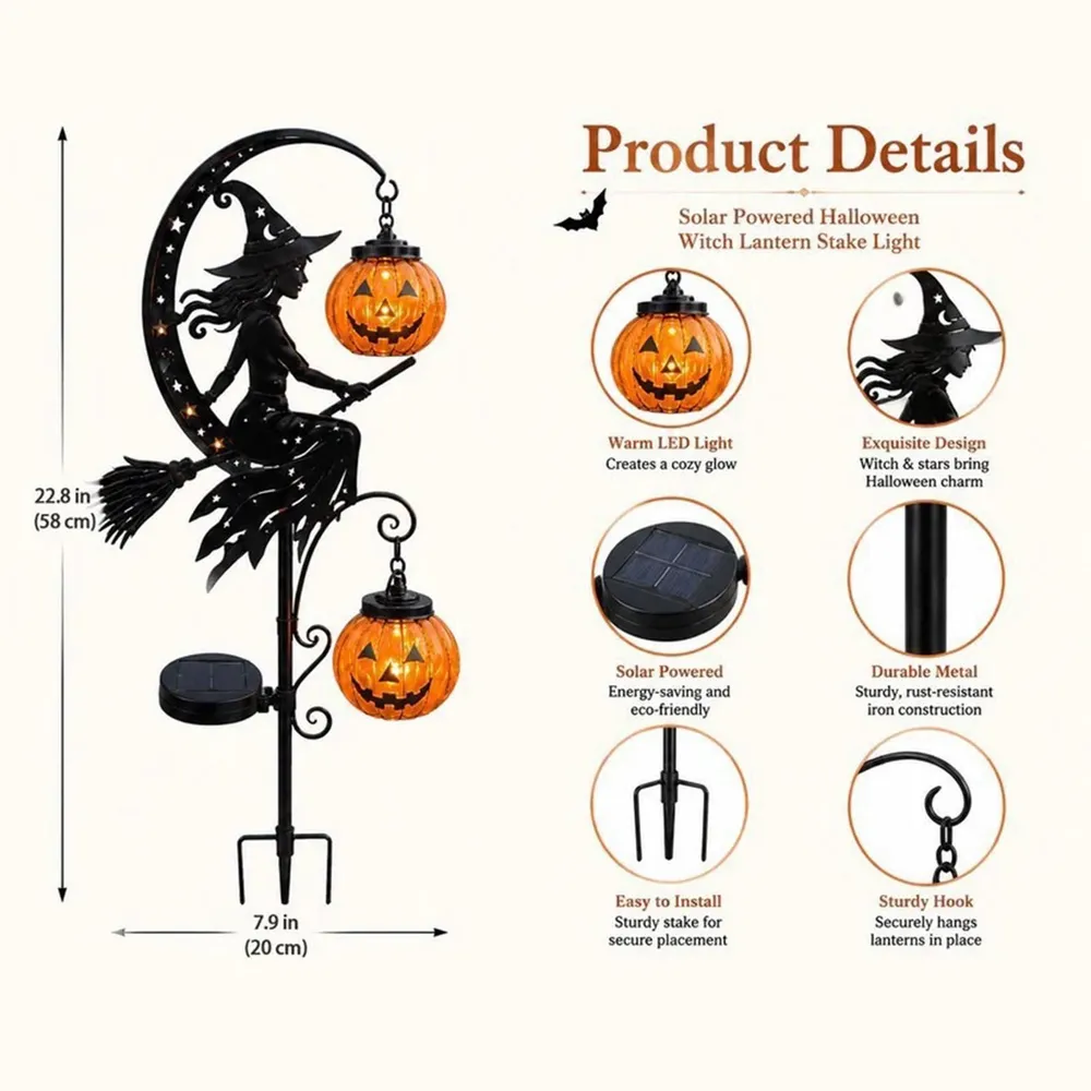 🎃 Solar Halloween Garden Stakes – Witch, Pumpkin & Crescent Moon Glow