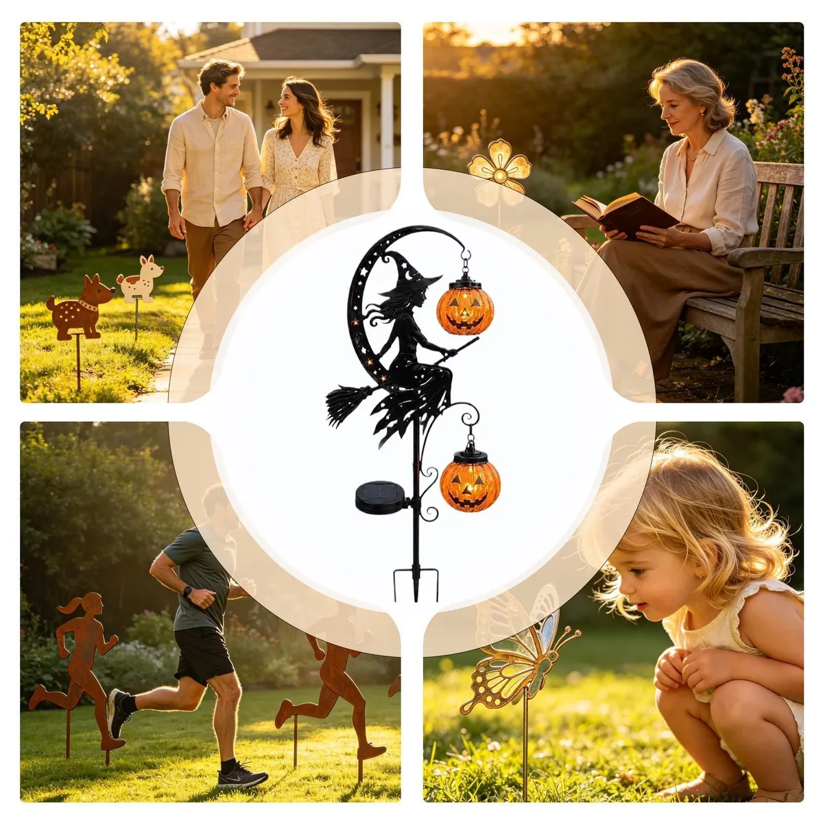 🎃 Solar Halloween Garden Stakes – Witch, Pumpkin & Crescent Moon Glow