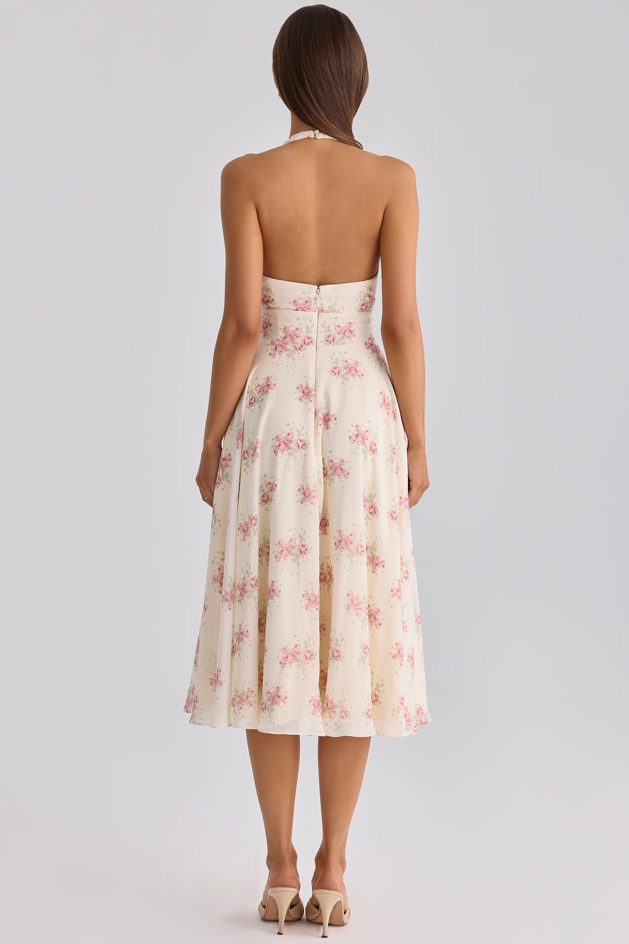 Ivory Vintage Rose Print Georgette Midi Halter Dress
