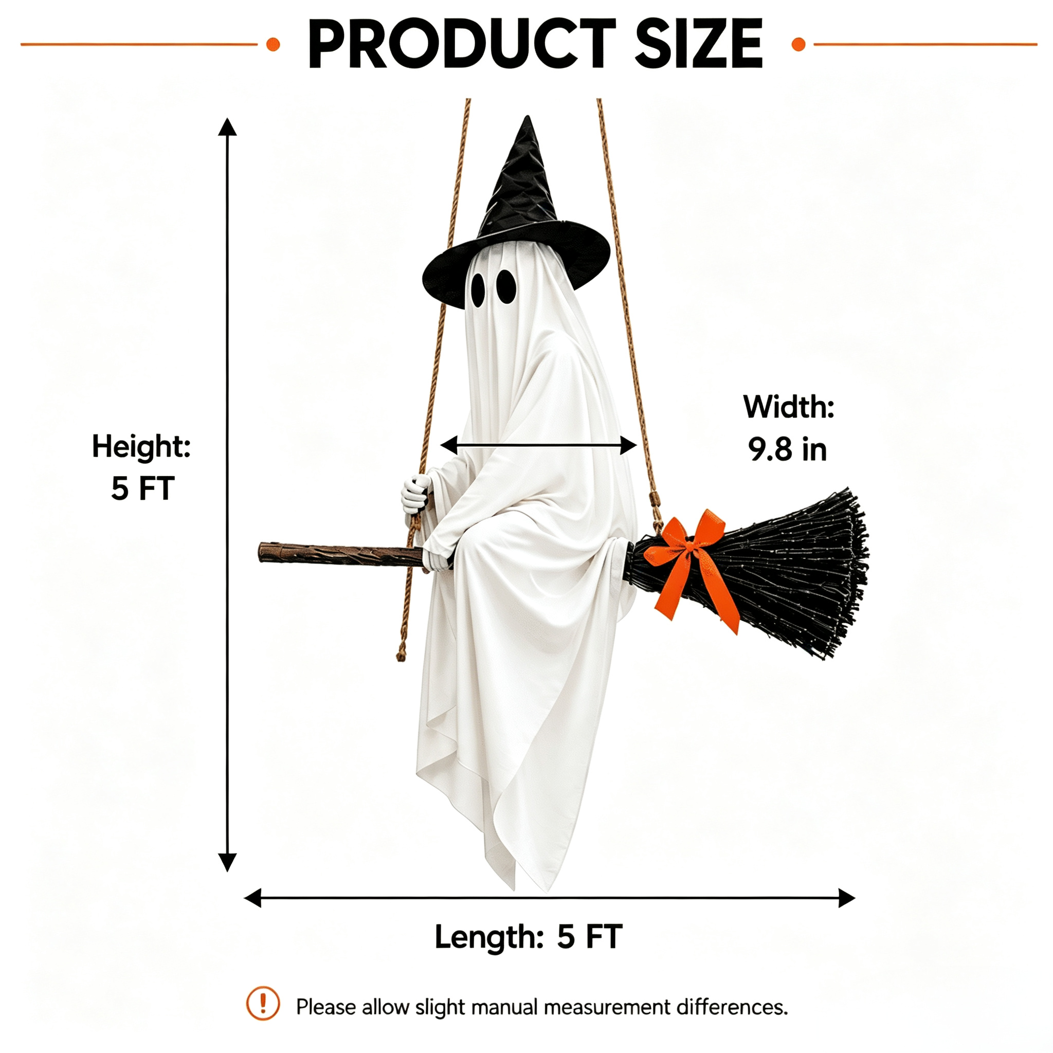 Clearance 5 FT Hanging Ghost Decor,Early Halloween Decorations Light-Up Flying Ghost on Broomstick with Witch Hat, Witch Broom, Spooky Cute Outdoor Halloween Decorations for Front Porch Yard Tree