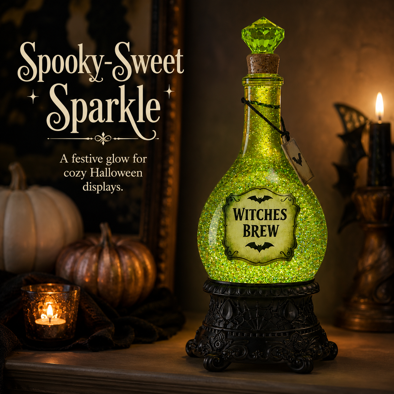 Summerween Poison Bottle Glitter Globe Green Light Up Halloween Decoration for Mantel, Coffee Table, Desk and Collector Shelf Display