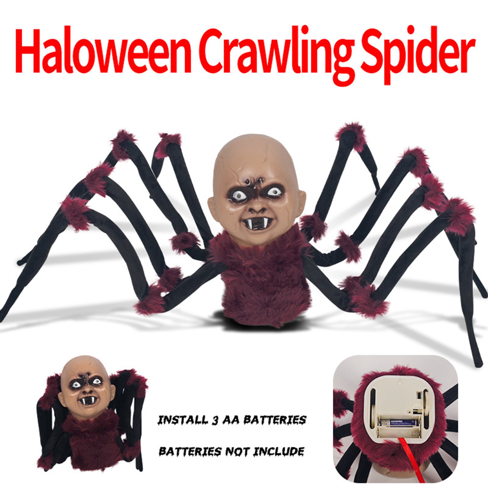 Halloween Scary Demon Baby Head Giant Spider Prop, Battery-Powered Animatronic Spiders with Realistic Crawling Motion for Indoor/Outdoor Halloween Horror Displays Halloween Spiders