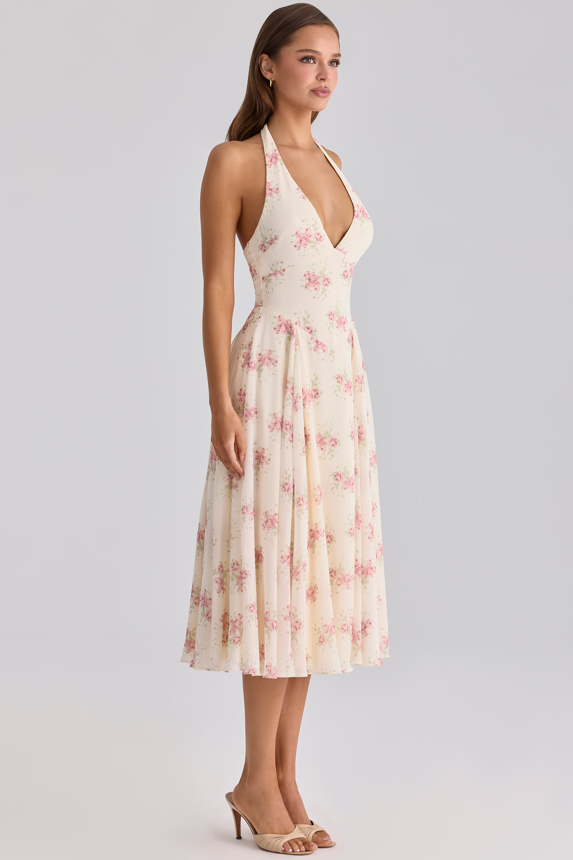 Ivory Vintage Rose Print Georgette Midi Halter Dress