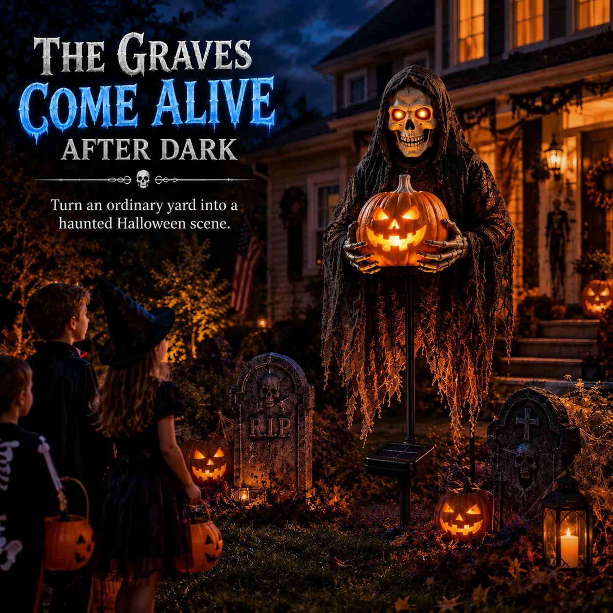 Soul Collector Pumpkin Edition Halloween solar garden light glowing in an outdoor setting