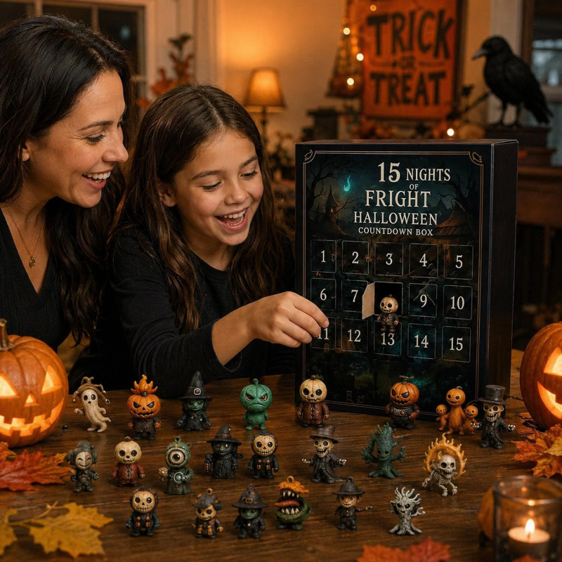 15 spooky surprise compartments inside the Halloween countdown box