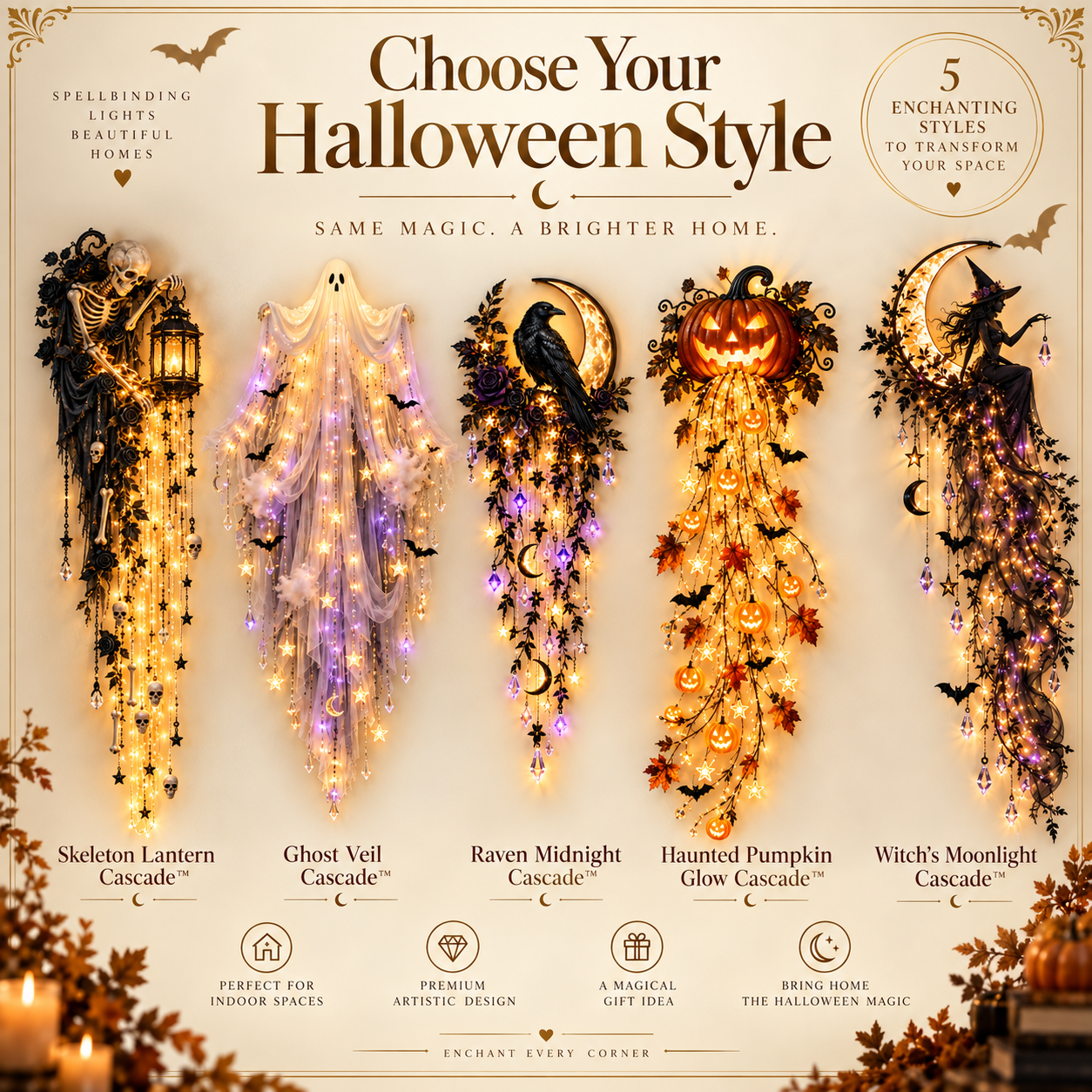 Different elegant Halloween wall light styles and seasonal moods