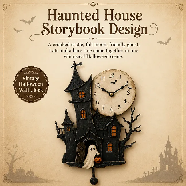 Vintage haunted house clock distressed details