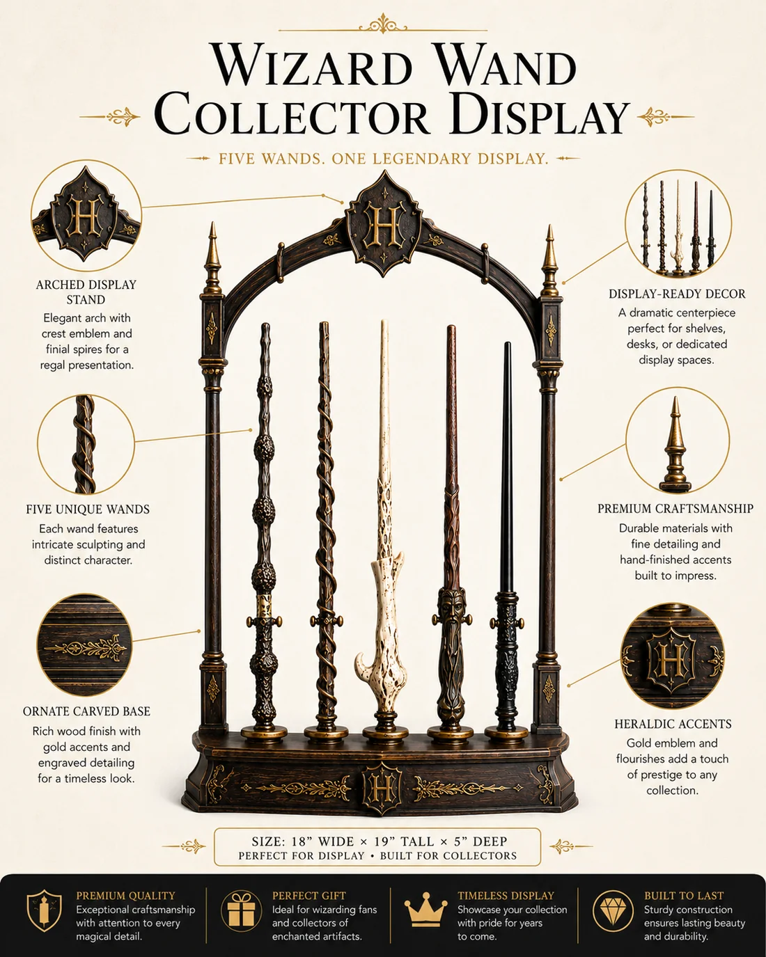 🪄 Wizard Wand Collector Display – Five-Wand Set