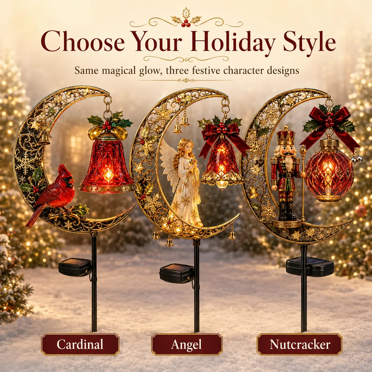 🌙 Christmas Crescent Moon Garden Stake Light – 3 Holiday Styles