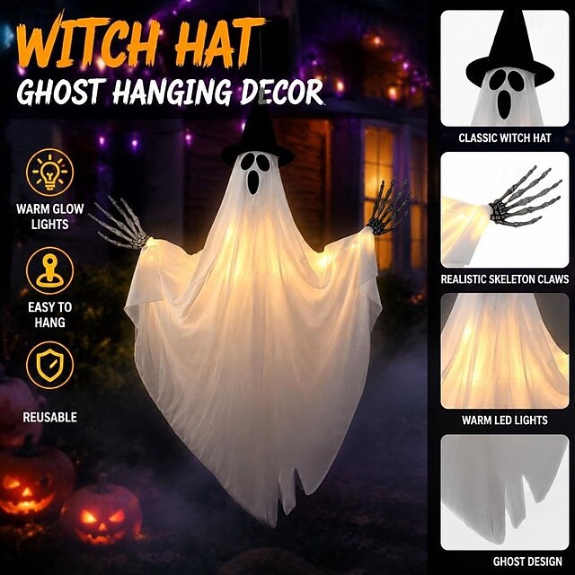 Glowing ghost Halloween decoration used around a home