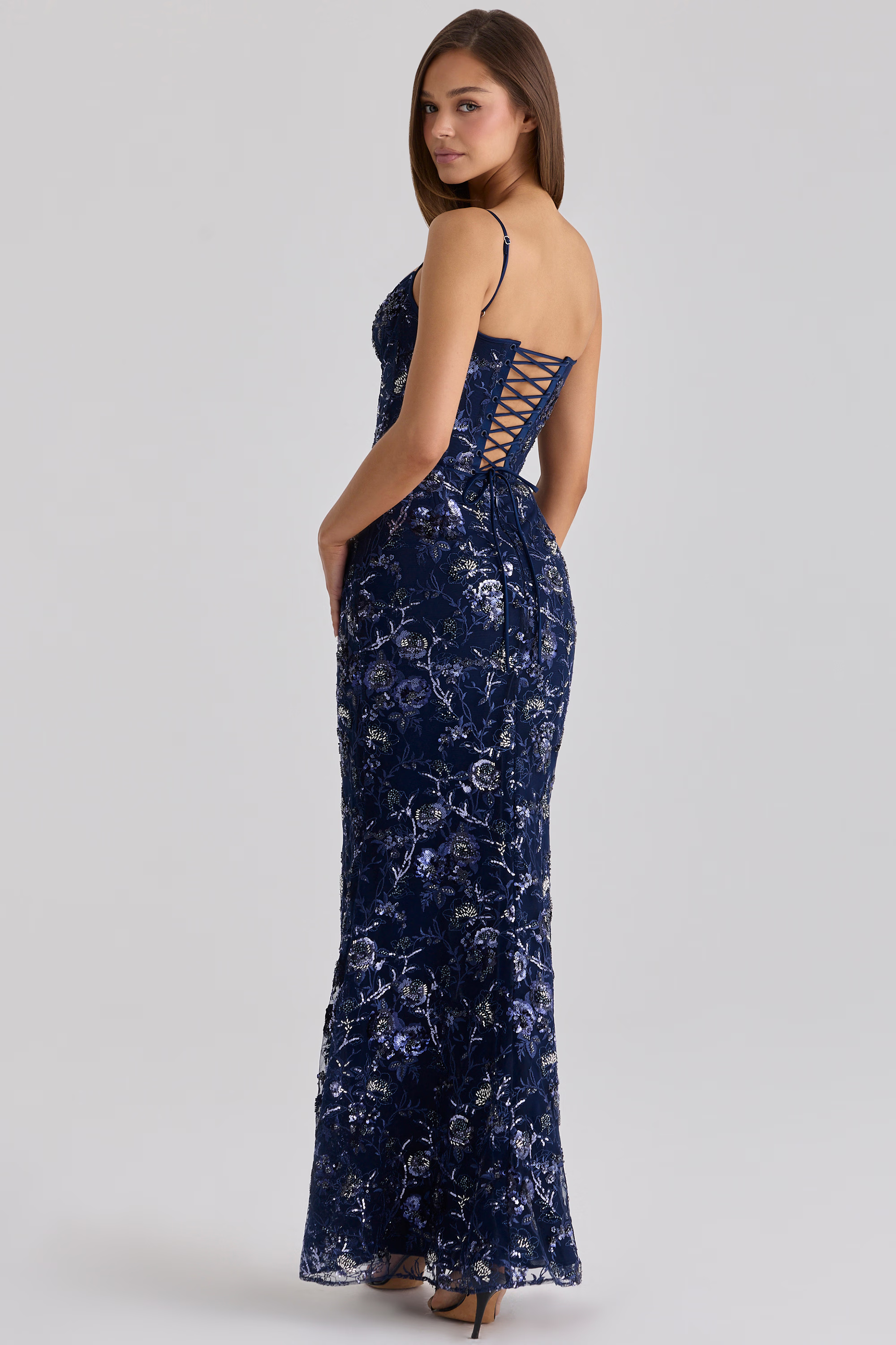 Navy Hand Beaded Embellished Corset Maxi Dress
