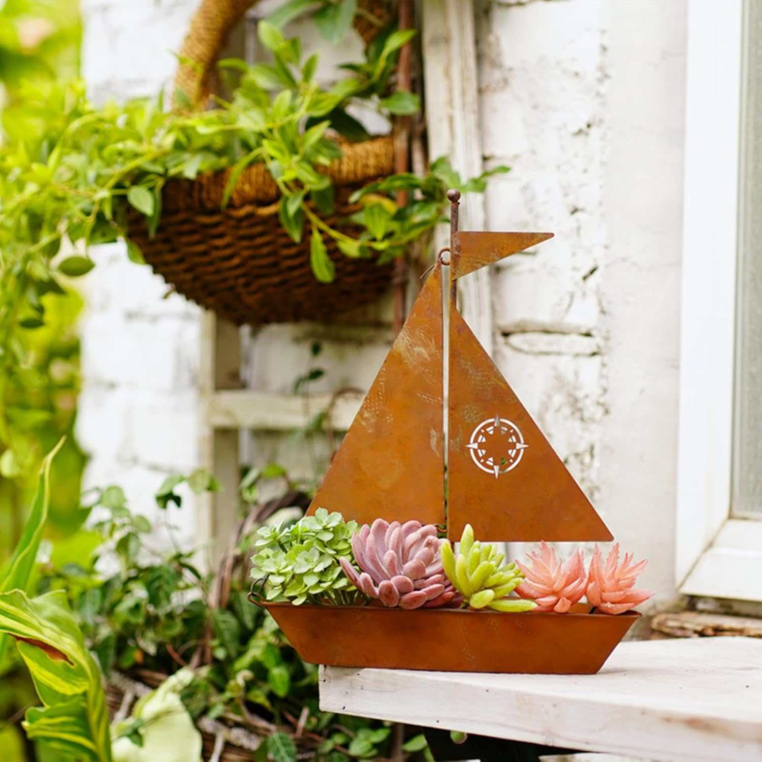 Metal Sailboat Planter, Rustic Nautical Boat Shaped Planter for Garden Decor