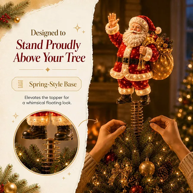 Christmas tree topper glowing above a decorated tree in a holiday living room