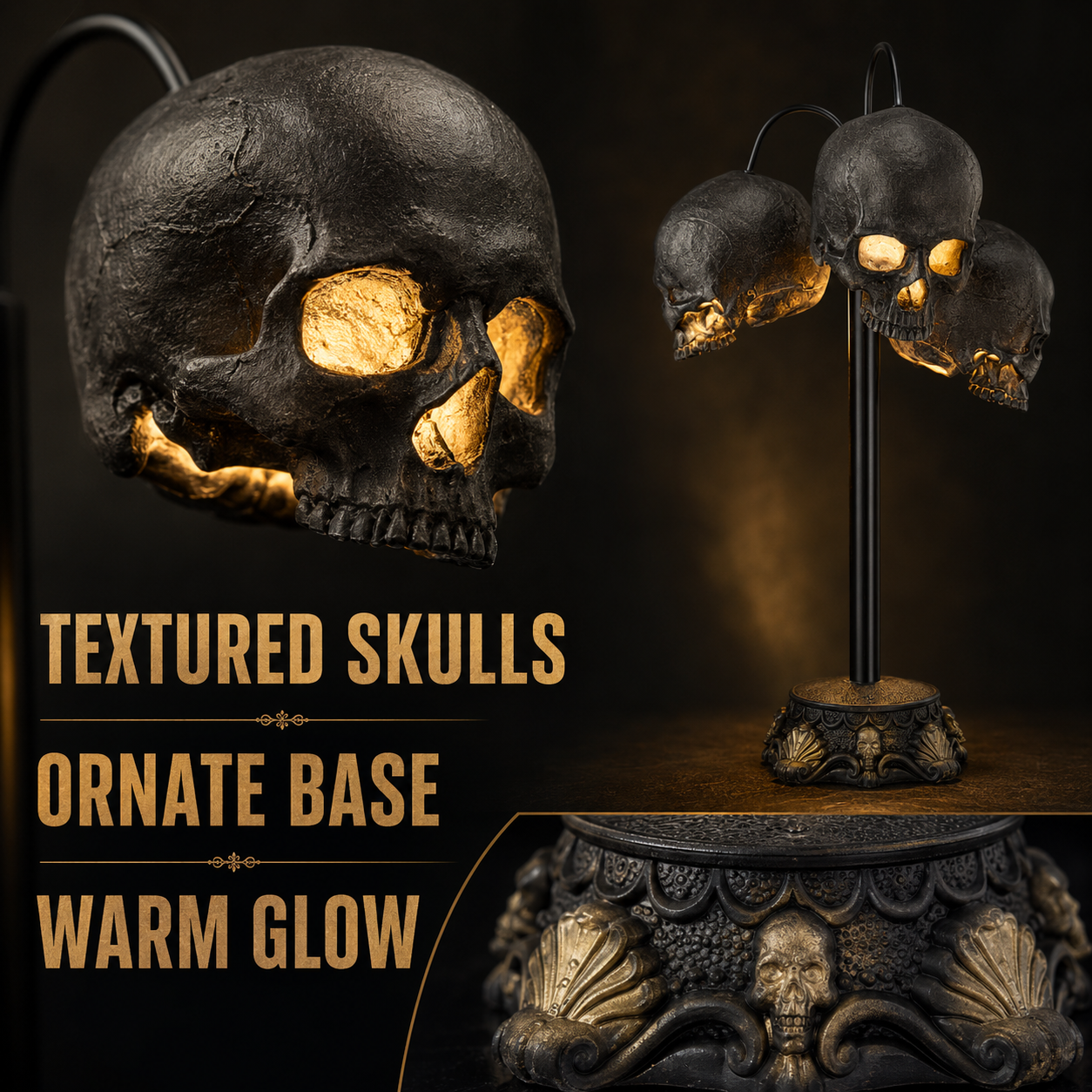 Halloween Black Skulls Lamp, Spooky LED Table Lamp with Stacked Skull Style, Warm White Glow, Battery Powered Design, Black and Gold Base, 6 Hour Timer for Halloween Shelf, Entryway