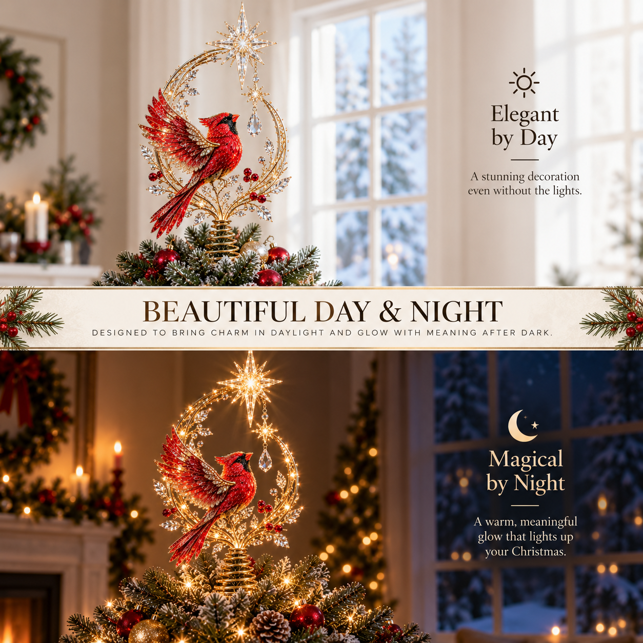 Cardinal Christmas tree topper shown in day and night lighting