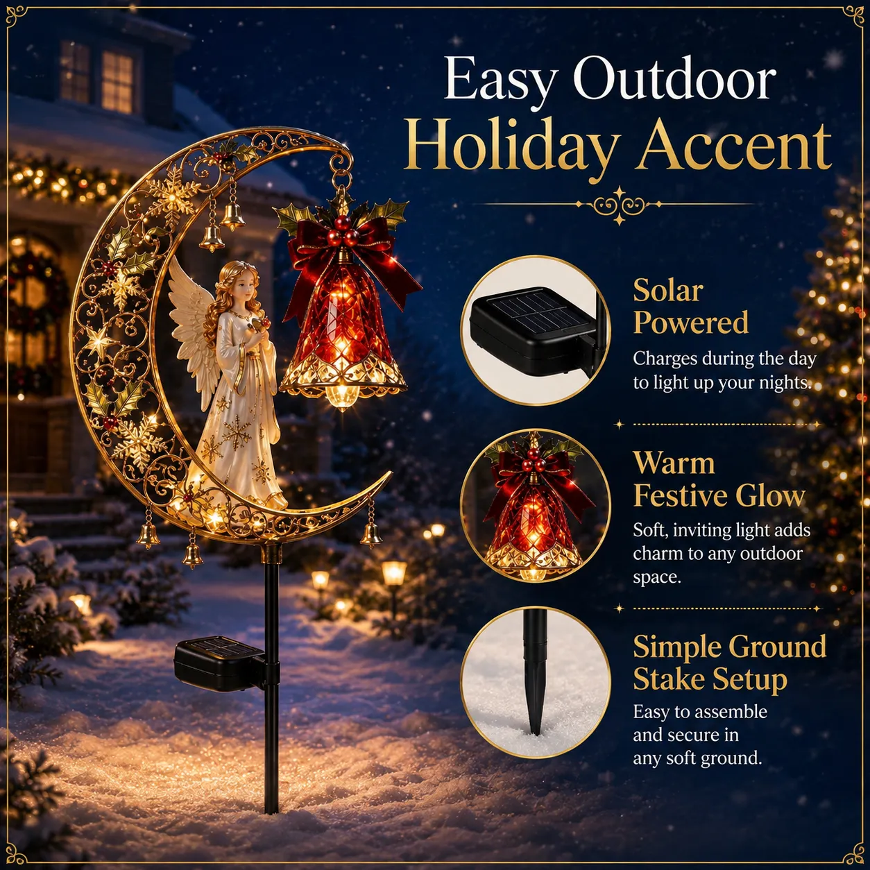 🌙 Christmas Crescent Moon Garden Stake Light – 3 Holiday Styles