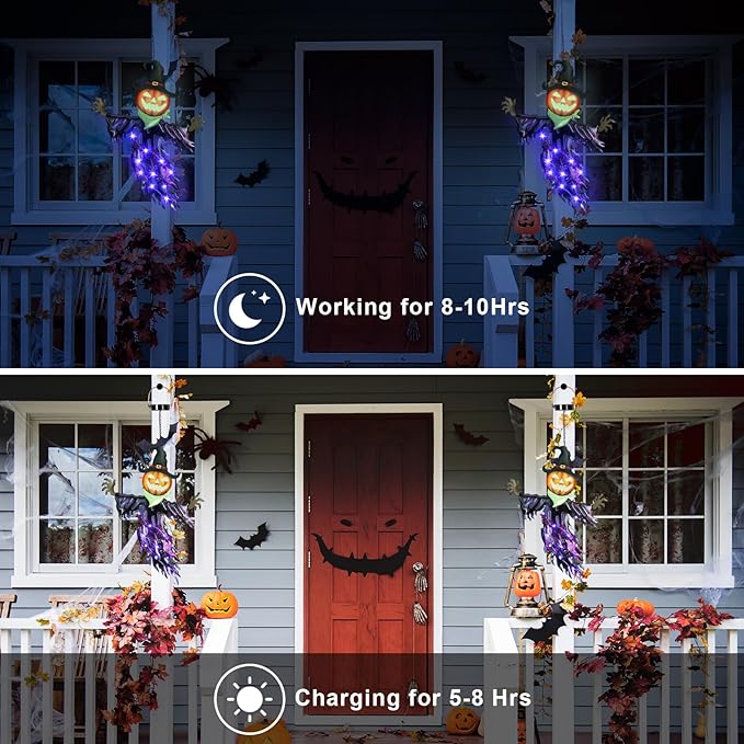 Halloween solar pumpkin scarecrow showing daytime charging and nighttime lighting