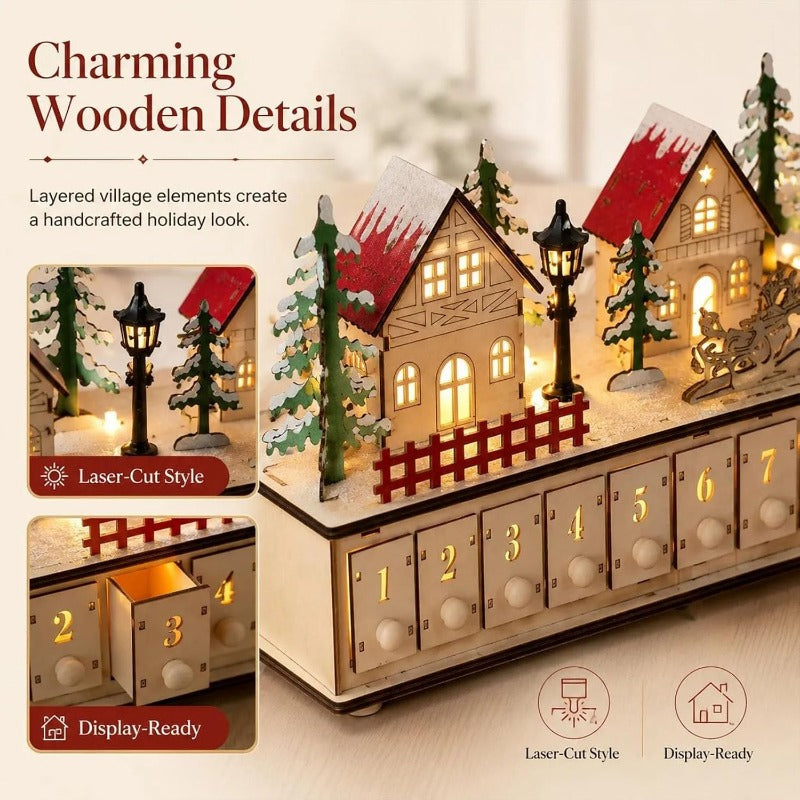LAST DAY! 49% OFF 🔥 Handcrafted Wooden LED Christmas Village Advent Calendar ✨