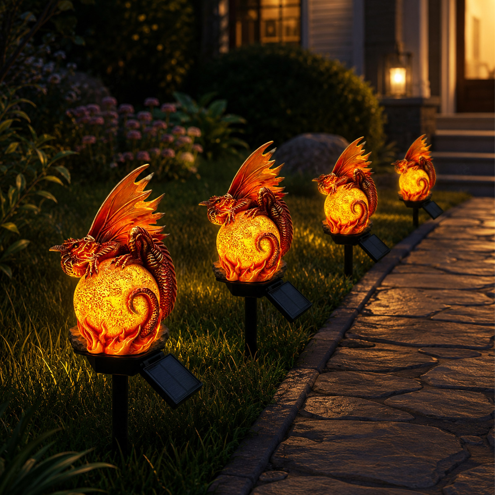 2026 New Solar Dragon Garden Light, Gothic Resin Statue Outdoor Stake, Mythic Flame Sculpture with Warm Amber LED, Auto On/Off Pathway Yard Decor for Lawn Halloween Fantasy Ornament（1PC）