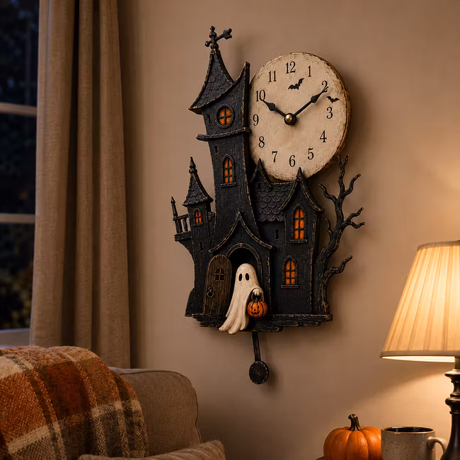 🎃 Vintage Haunted House Pendulum Clock – Storybook Halloween Wall Art