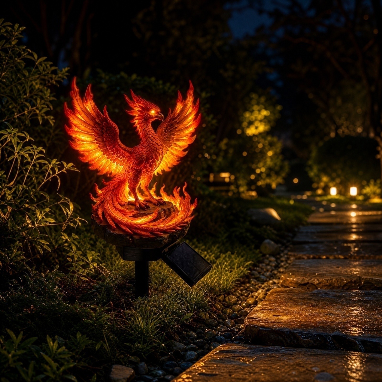 Solar Powered Fire Phoenix Stake Light, Luminous Red Flame Phoenix Statue Outdoor Yard Landscape Patio Ornament Light