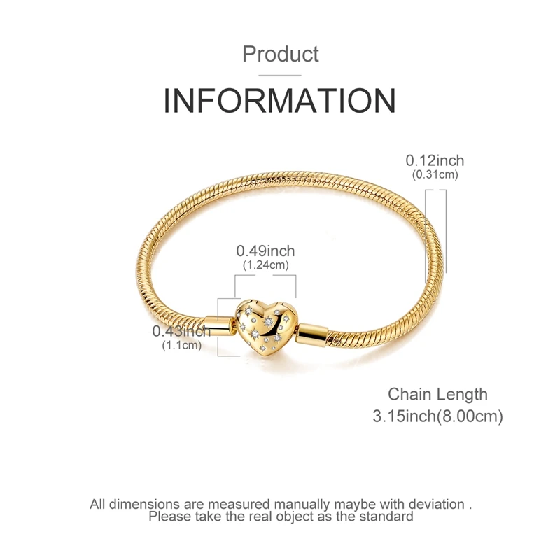 925 Sterling Silver Bracelets 17-20CM Original Golden Sparkling Heart Shaped Bracelet Fit DIY Charms Beads Fashion Women Jewelry