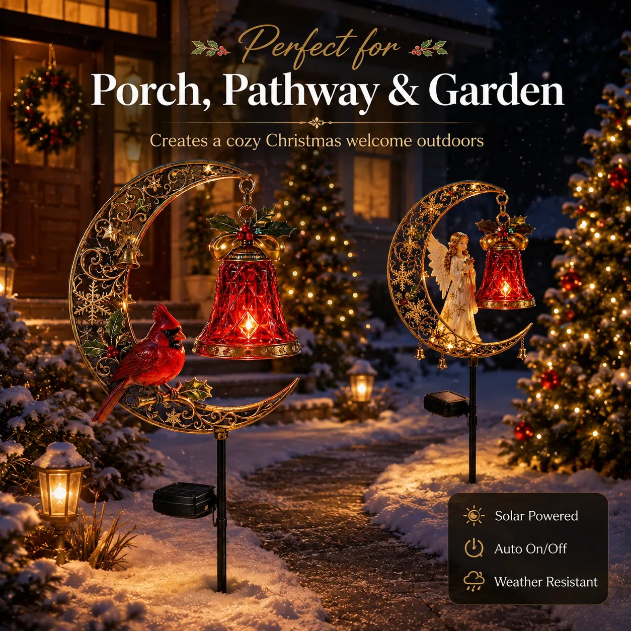 🌙 Christmas Crescent Moon Garden Stake Light – 3 Holiday Styles