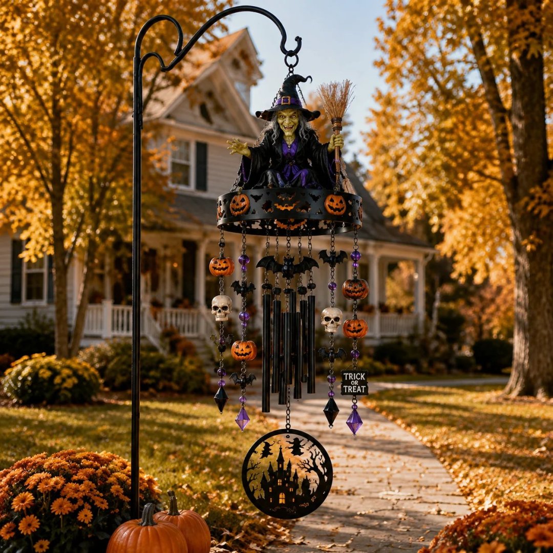 Spooky witch Halloween wind chime hanging outdoor