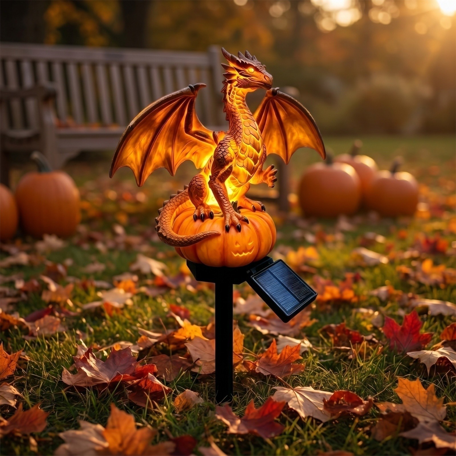 Dragon Legacy Halloween Golden Ember Solar Garden Light, Glowing Pumpkin Dragon Sculpture Stake Lamp, Waterproof Outdoor Halloween Yard Decoration (1pc)