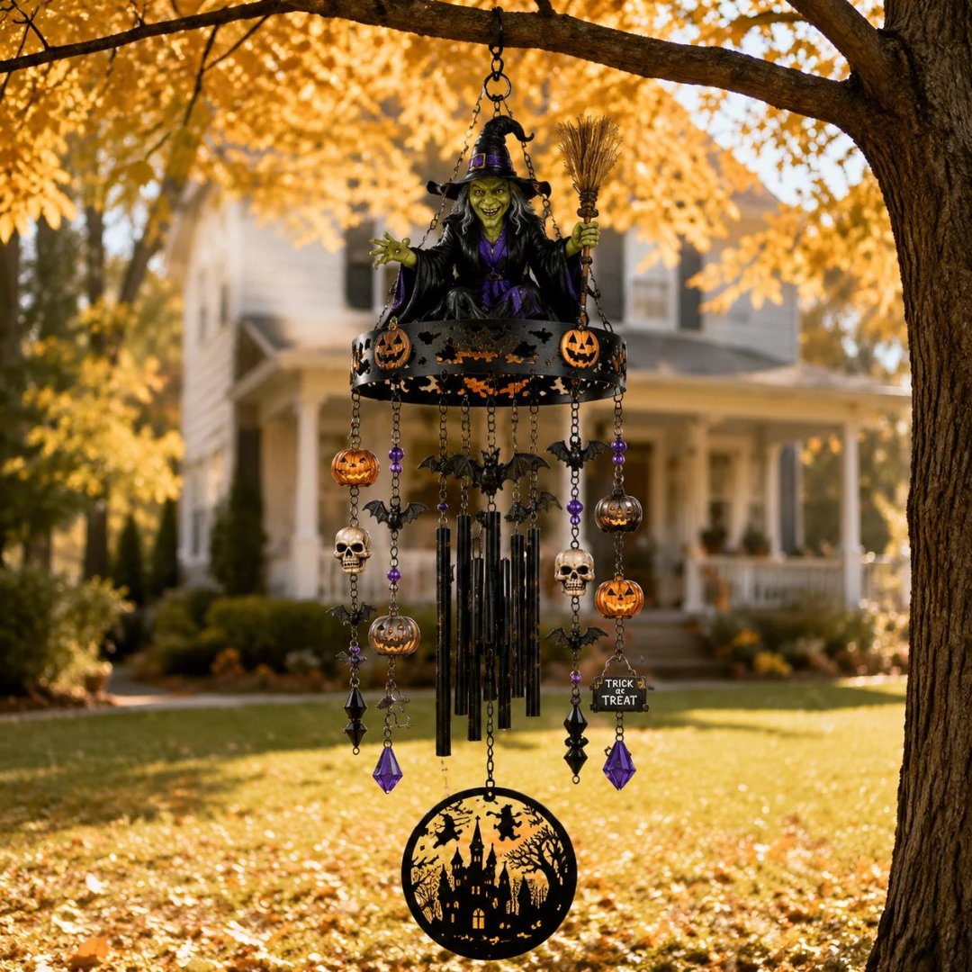 Halloween witch wind chime with hanging skull bat and pumpkin details