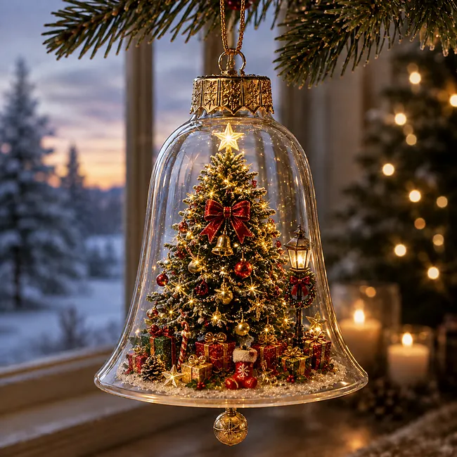 Close-up view of warm light illuminating the Christmas miniature ornament