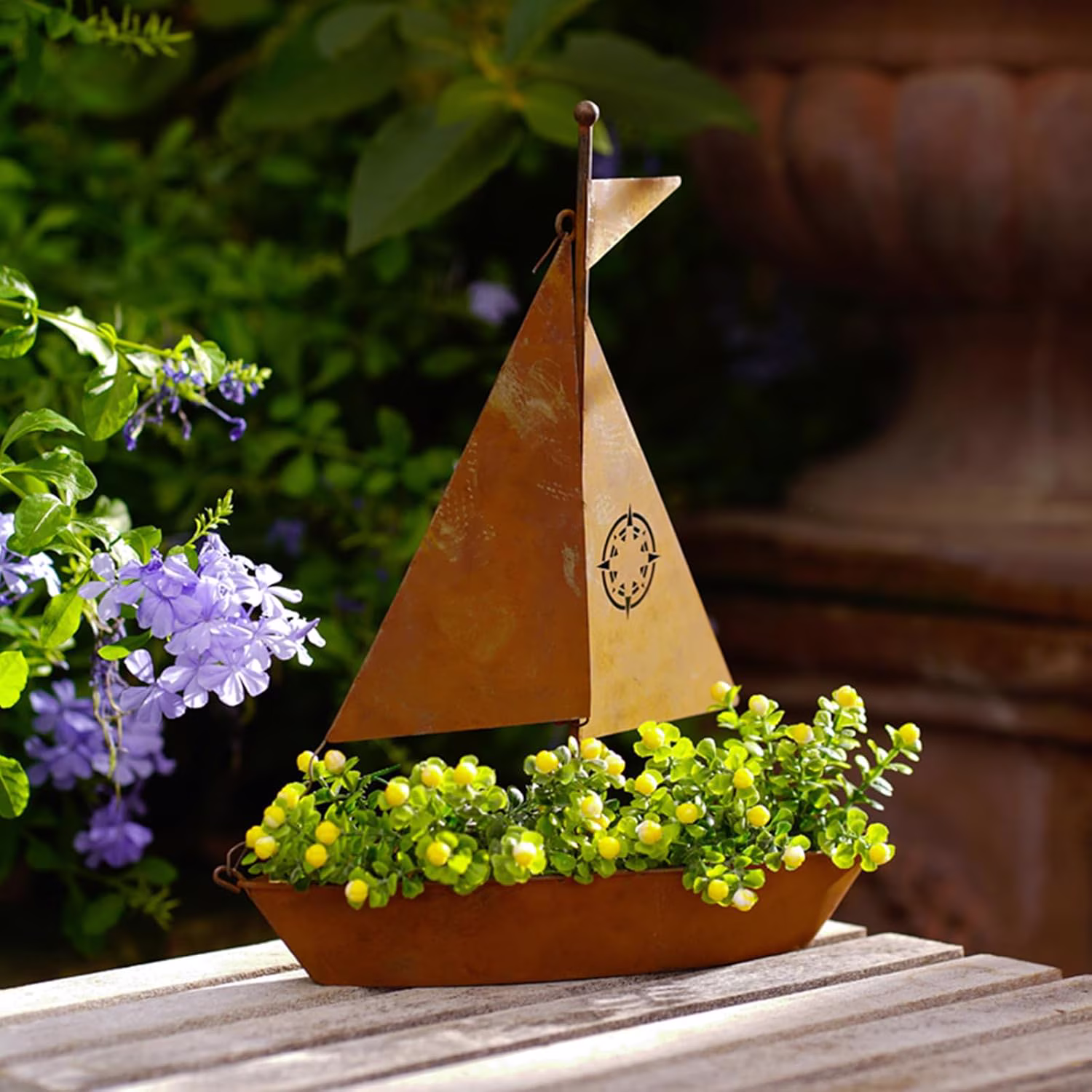 ⛵ Sail Into Coastal Charm — Rustic Iron Sailboat Planter