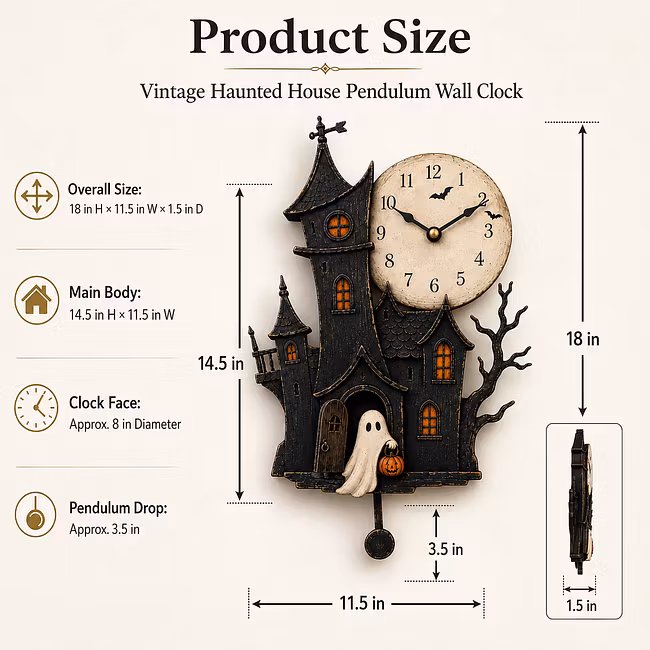 🎃 Vintage Haunted House Pendulum Clock – Storybook Halloween Wall Art