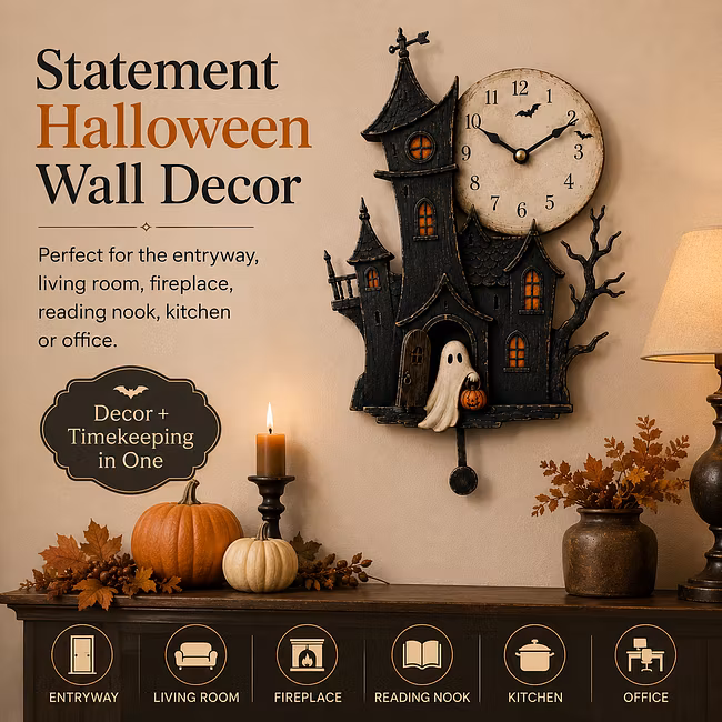 🎃 Vintage Haunted House Pendulum Clock – Storybook Halloween Wall Art