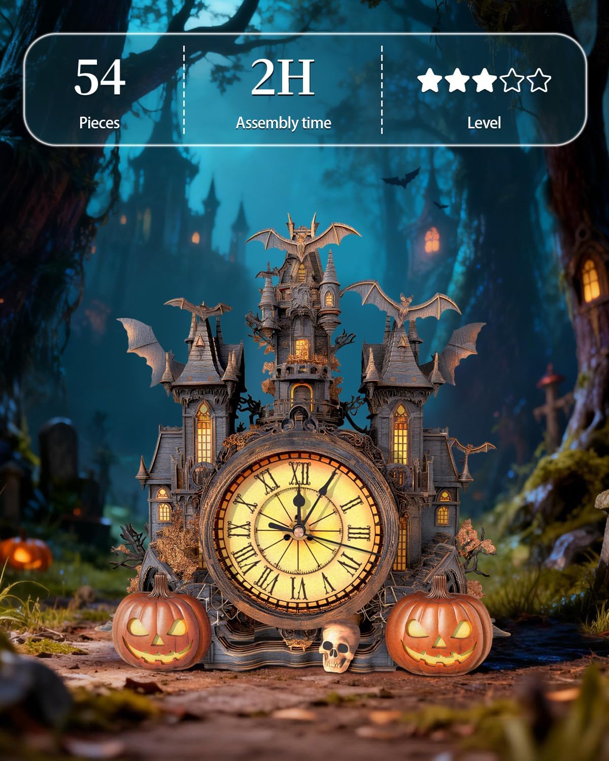 🎃 Halloween Castle 3D Wooden Puzzle Clock – Build & Display