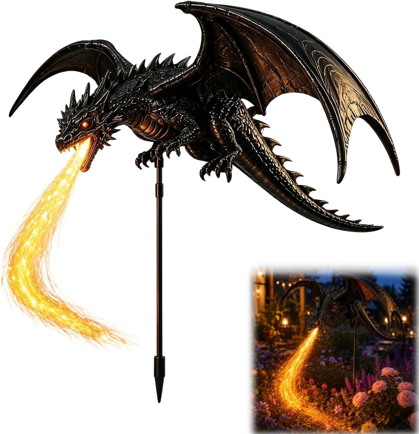 🐉 Fantasy Dragon Solar Garden Stake – Winged Flame Sculpture