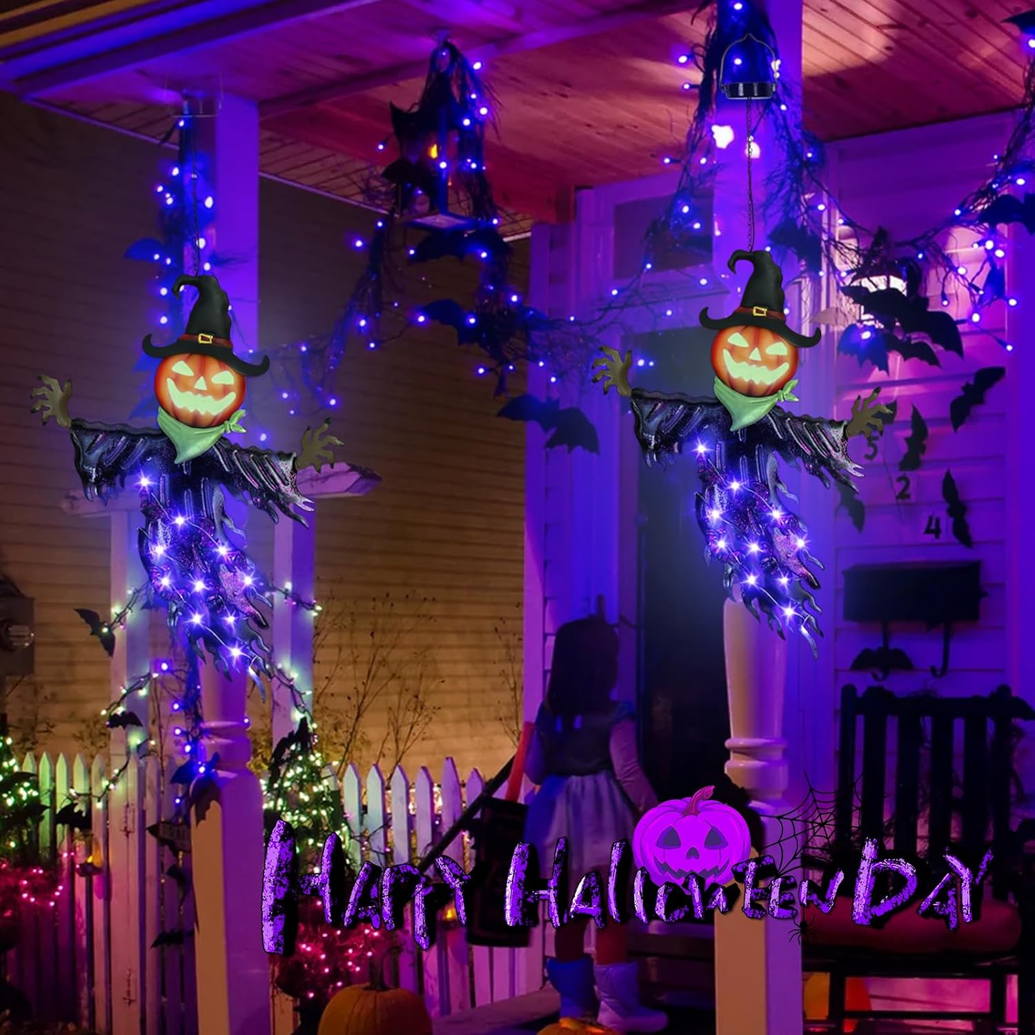 🎃 Solar Pumpkin Hanging Light – Green & Purple Halloween Glow