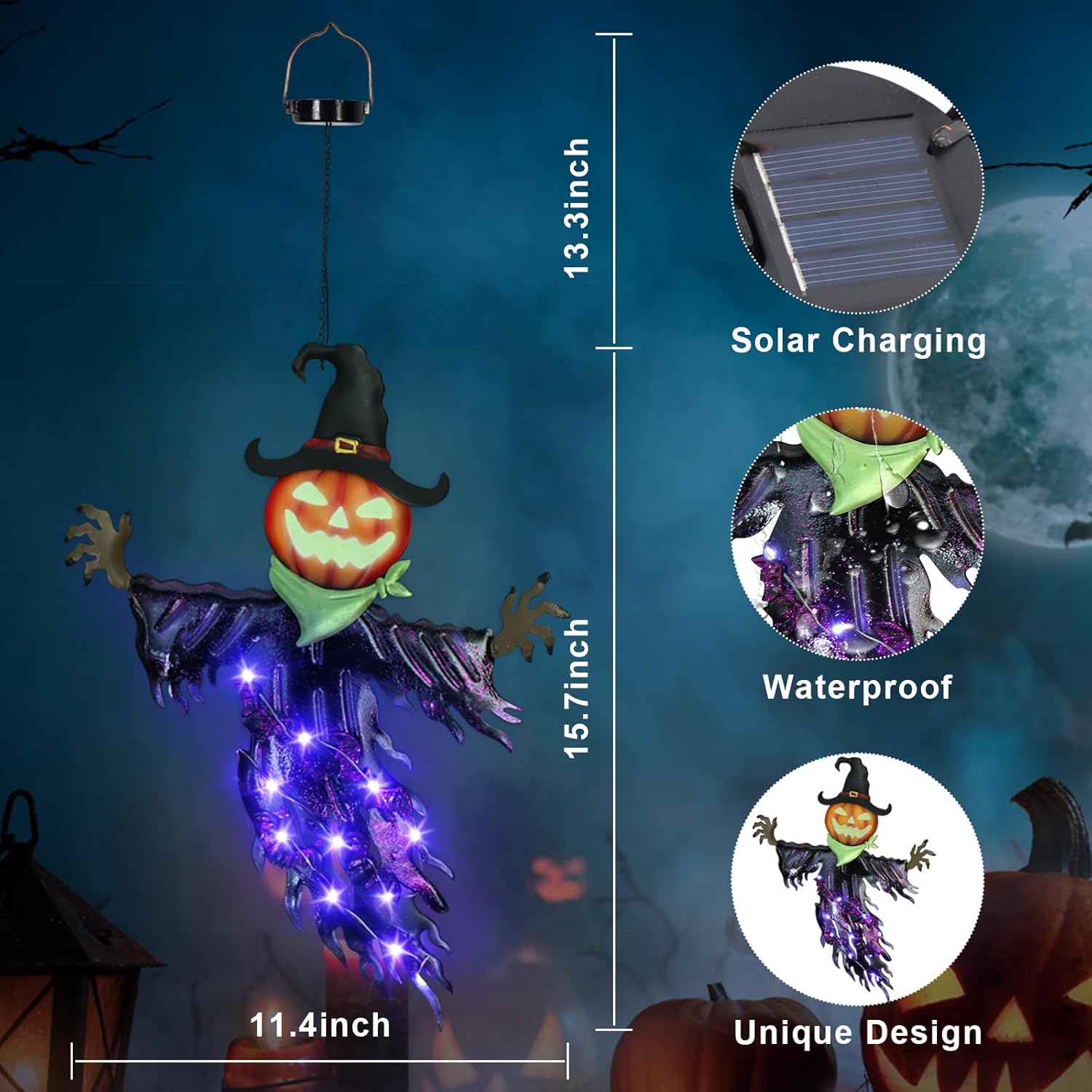 🎃 Solar Pumpkin Hanging Light – Green & Purple Halloween Glow