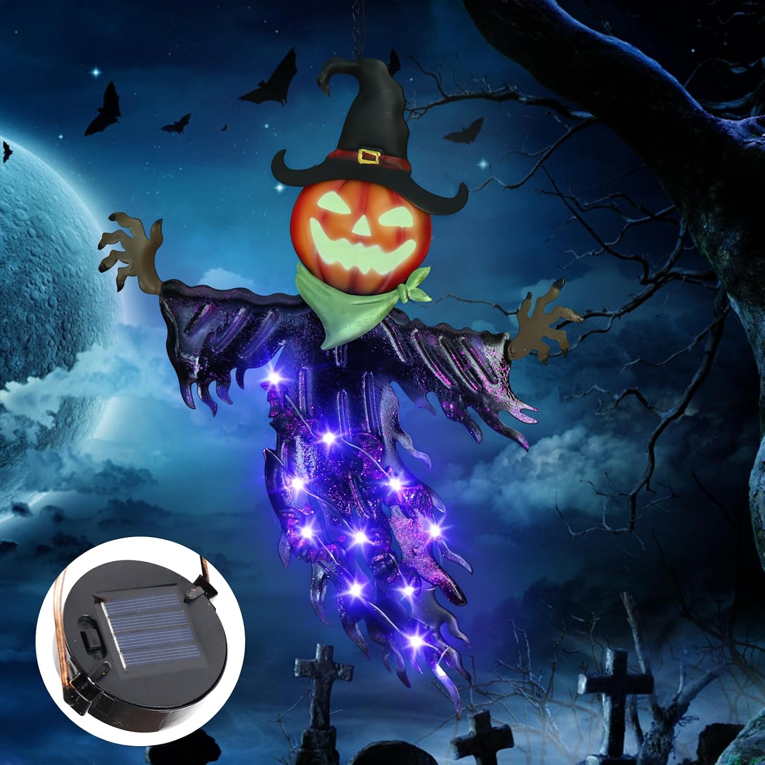 🎃 Solar Pumpkin Hanging Light – Green & Purple Halloween Glow